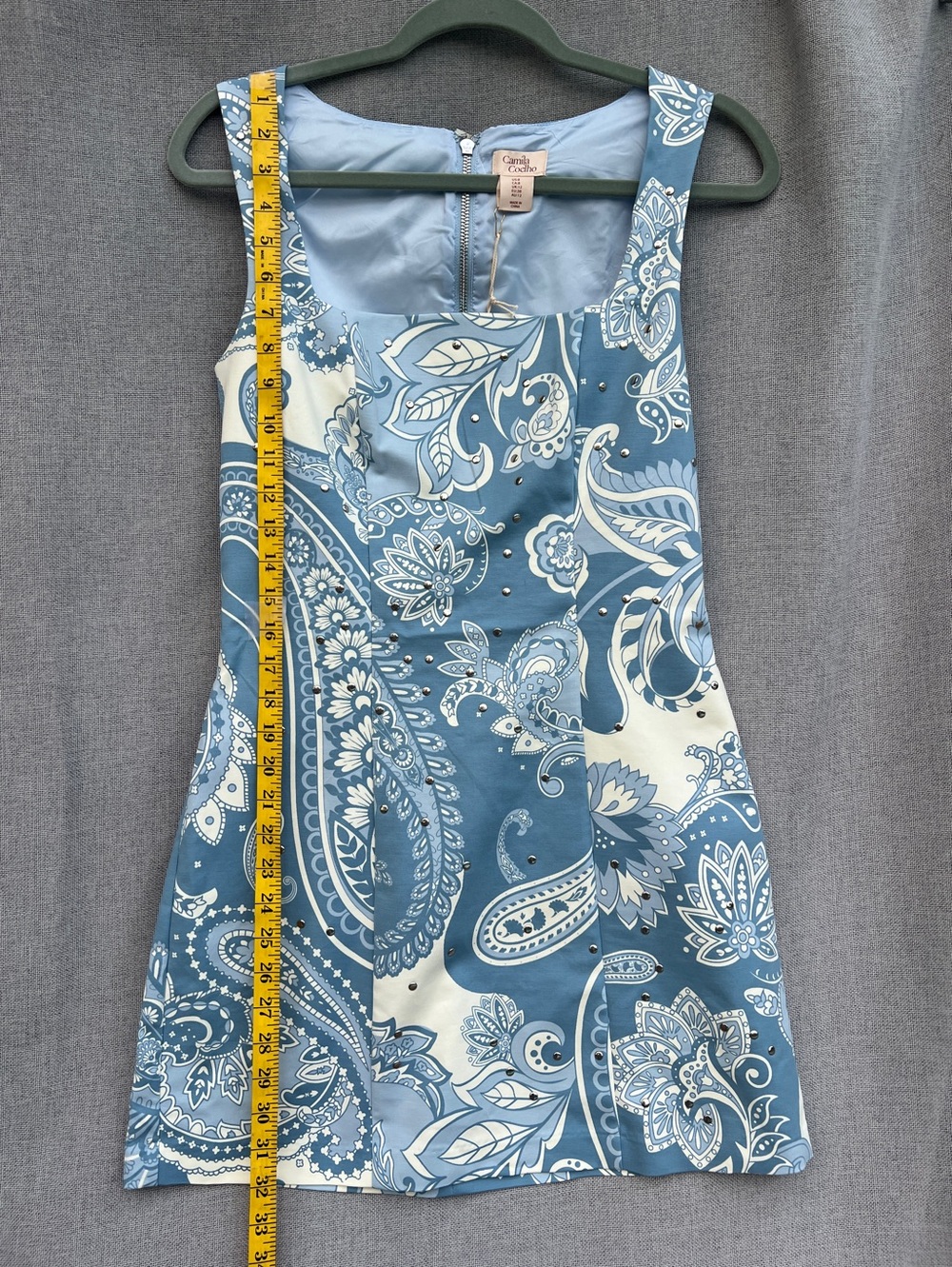 Camila Coelho mini patterned studded dress blue white silver size 8 - Picture 9 of 13